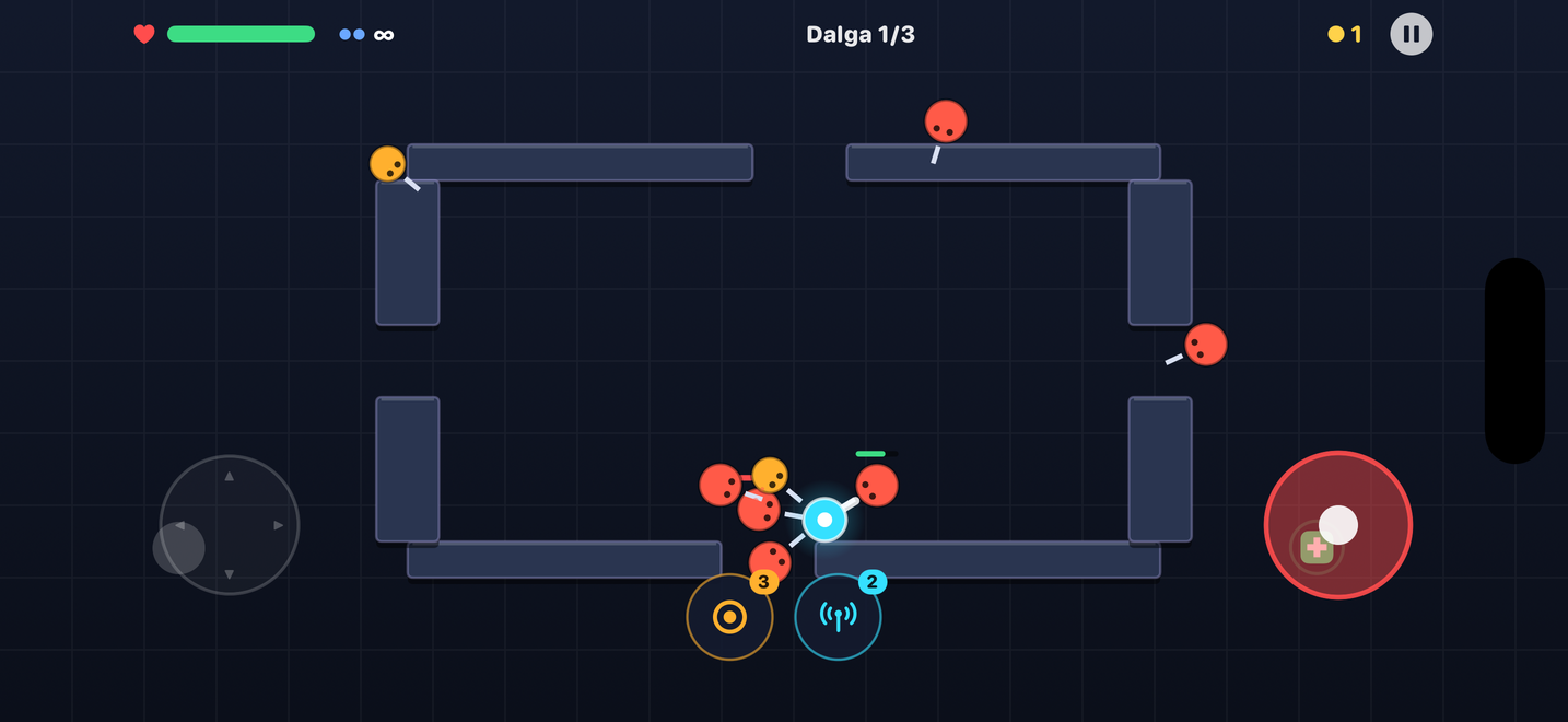 Bladewave oynanış — arena, duvarlar ve düşman dalgası
