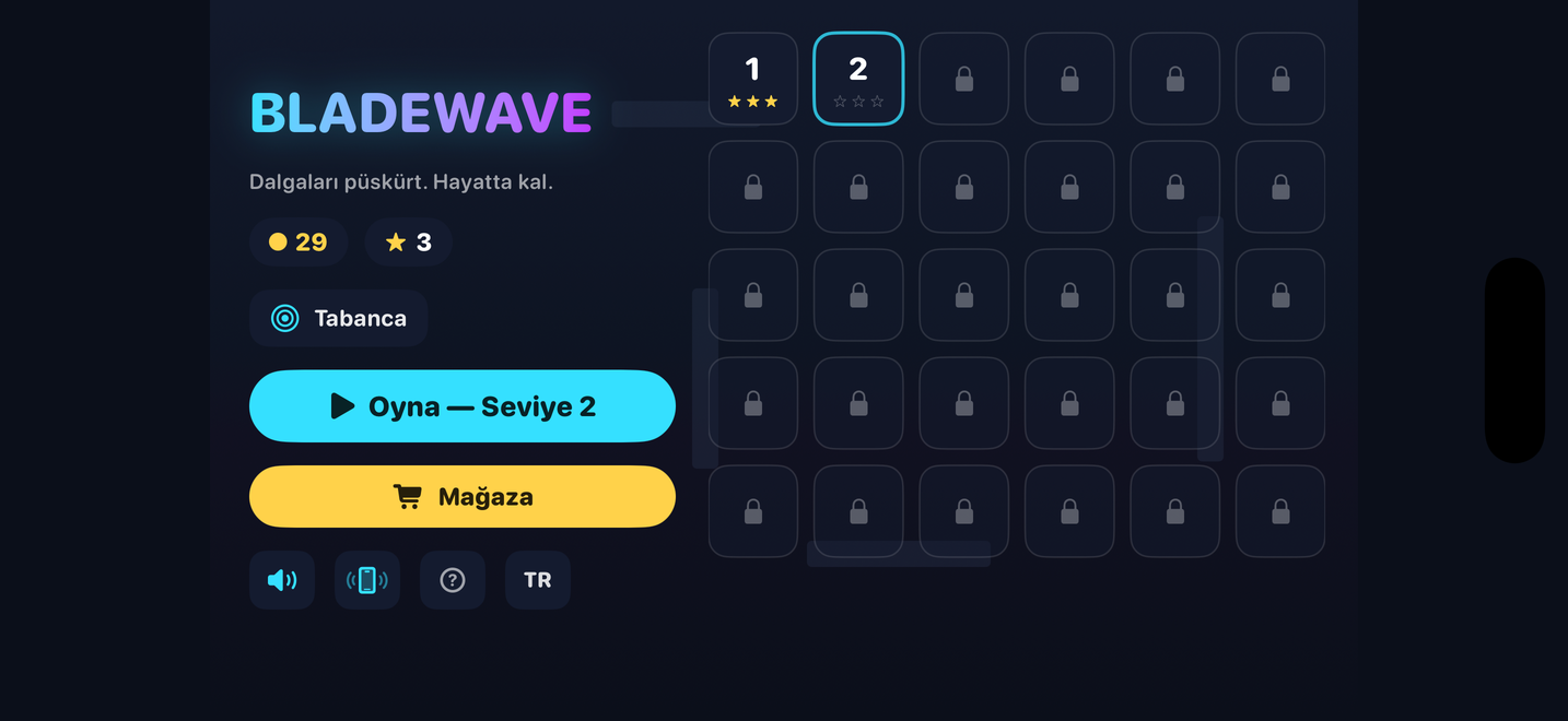 Bladewave ana menü ve seviye haritası